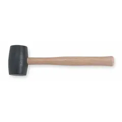 This rubber mallet features a 24 oz head with a 2-1/4 in diameter and 4 in head length, mounted on a wood handle for a total length of 14 in. The black rubber head delivers non-marring blows, suitable for assembling furniture, forming sheet metal, or tapping chisels.