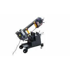 This mitering semi-automatic horizontal band saw is designed for cutting metal stock such as bars, tubes, and structural shapes. It features a 5.0 A, 1 phase, 110V AC motor with a blade speed range of 65 to 250 and a 90° mitering capacity for precise angle cuts.