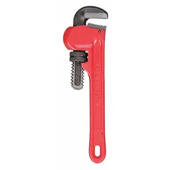 This straight pipe wrench features a serrated jaw and an I-Beam handle for gripping and turning threaded pipes and fittings. With an overall length of 8 inches and a jaw capacity of 1 inch, it is suited for assembly, disassembly, and repair tasks in plumbing and maintenance applications.