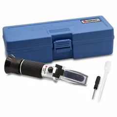 Analog handheld refractometer for measuring Brix (sugar content) in liquids. Accuracy +/-0.2%, resolution 0.2% Brix, with automatic temperature compensation. Overall depth 6 3/4 inches. Suitable for food processing, beverage quality control, agriculture, and winemaking.