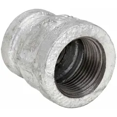This straight pipe fitting is made of malleable iron and features a 1/2 in x 1/4 in size reduction. It is designed for medium-pressure threaded piping systems, commonly used in compressed air, steam, water, and gas lines.