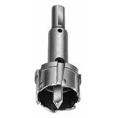 One-piece alternate-tooth carbide-tipped annular cutter with 11/16 in diameter and 1/2 in max cutting depth. Bright finish. Includes pilot pin. Used for cutting clean holes in metal with magnetic drill presses in fabrication and construction.