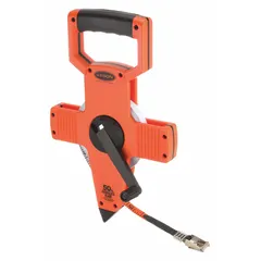 KESON OTR-18-50 manual open-reel long tape measure with a 50 ft SAE fiberglass blade, 1/8 in graduations, and a nonmagnetic single hook tip. The plastic case houses a single-sided blade suitable for general measuring tasks in construction, surveying, and industrial settings where magnetic interference must be avoided.