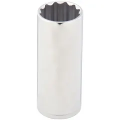 This 1/2" drive hand socket features a 28 mm metric size with a 12-point configuration and deep profile. The chrome finish provides corrosion resistance. Suitable for tightening or loosening metric fasteners in applications requiring extended reach or clearance over studs.