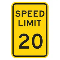 This aluminum sign measures 24 in x 18 in nominal size with a thickness of 0.08 in. It features an Engineer retroreflective grade for visibility. Used to indicate a 20 mph speed zone on roadways, parking lots, and construction sites