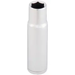 This 1/2" drive hand socket features a 12 mm metric size with a 6-point configuration and deep profile for accessing recessed fasteners. The chrome finish provides corrosion resistance. Suitable for tightening or loosening bolts and nuts in automotive, machinery, and industrial maintenance applications.