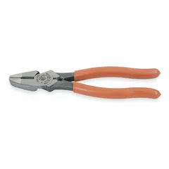 Multipurpose lineman's pliers with a 9 3/8 in overall length, 1 5/8 in jaw length, 1 1/4 in jaw width, and 5/8 in jaw thickness. Features a flat jaw design, integrated wire cutter, and dipped handle for gripping, twisting, and cutting wire in electrical, construction, and maintenance tasks.