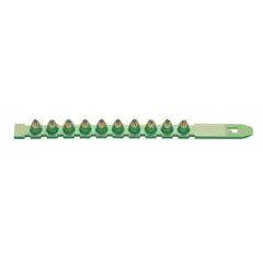 Green color-coded powder load with Brass 2 casing, 0.27 caliber, for use in powder-actuated fastening tools. Compatible with DFD270, P3500, P3600, PA3500, and Sniper tools. Pack of 100 charges for fastening into concrete, steel, and masonry.