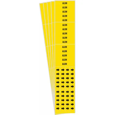BRADY Pipe Marker: Alum, Yellow, Black, Fits 3/4 in and Smaller Pipe O.D., 3 Pipe Markers - Alum Adhesive Pipe Markers