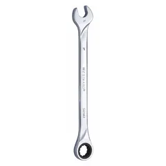 This 1-inch SAE 12-point ratcheting combination wrench is constructed from alloy steel with a chrome finish. The ratcheting box end enables faster fastener tightening and loosening without repositioning, suitable for confined spaces in maintenance and repair tasks. Overall length is 14 1/2 inches, standard (non-reversible) design.