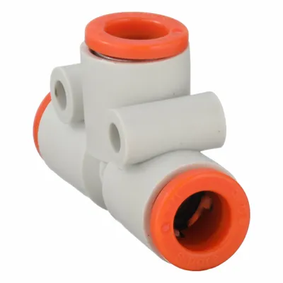 SMC Push-Fit Tee Fitting: 1/4 in OD x 1/4 in OD x 1/4 in OD Size, Polybutylene Terephthalate - Polybutylene & Brass Tube Fittings