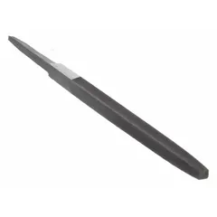 Double-cut square file with safe edge and second cut, 4 in length without tang, 3/16 in width. Used for shaping and finishing square holes and internal corners in metalworking and fabrication. The safe edge prevents damage to adjacent surfaces during precision deburring and fitting tasks.