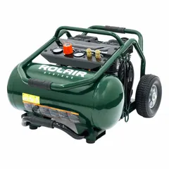 Oil-free, 5.5-gallon hot dog tank air compressor with 2 hp motor delivering 5 cfm at 90 psi. Operates on 120V AC. Suitable for powering nail guns, staplers, and inflation tools in workshops, construction sites, and maintenance applications.