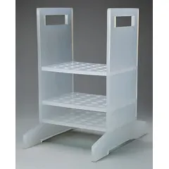 Benchtop thermometer rack made of white polypropylene, offering 25 places for organizing thermometers or similar lab tubes. Dimensions: 8 3/8 in wide, 9 7/8 in high, 5 7/8 in long. Suitable for laboratory environments requiring secure storage and easy access to temperature measurement tools.