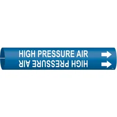 This snap-on pipe marker identifies high-pressure air lines in industrial piping systems. It features a blue background with white legend text and includes directional arrows for flow indication. Designed to fit pipe outer diameters from 3/4 to 1-3/8 inches, the marker is supplied as a single unit.