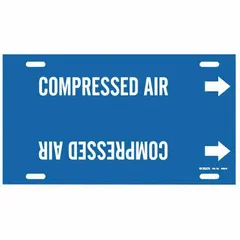 This strap-on pipe marker identifies compressed air lines on pipes with outer diameters from 8 to 9-7/8 inches. The blue background with white legend and directional arrows provides clear indication of pipe contents for maintenance and safety personnel.
