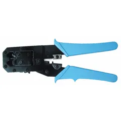This modular data plug crimper is designed for terminating RJ-11, RJ-12, and RJ-45 connectors onto communication cables. It features a 7 1/2-inch overall length and a deluxe cushion grip for user comfort. The tool is non-insulated and suitable for network and telephone installations.