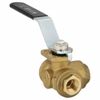 Brass three-way ball valve with T-flow configuration and standard port. Features 3/8 inch female NPT connections on all three ports and a lever handle. Used for diverting or mixing flow in plumbing and piping systems where flow routing between three ports is required