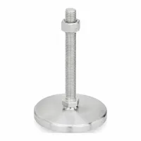 Male leveling mount with swiveling stud and 1/2"-13 thread size. Round base measures 3.15 in diameter with 11/16 in hex. Buna-N thrust pad provides non-skid surface. Load capacity of 3,597 lbf. Used for leveling and stabilizing equipment, reducing vibration and preventing movement on smooth floors