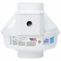 Single-speed, standard-efficiency inline duct fan for radon mitigation systems. Operates at 120V AC, 60 Hz, with a maximum airflow of 154 cfm. Features an IP44-rated plastic housing for 4 1/2-inch duct connections. Suitable for sub-slab depressurization in residential and light commercial applications
