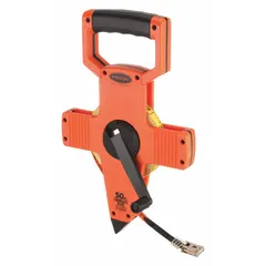 Manual open-reel long tape measure with a 50 ft fiberglass blade. Features double-sided SAE/Engineers scale with 1/8 in graduations and a nonmagnetic double hook end. Housed in a plastic case. Used for measuring long distances in construction, surveying, and engineering applications.