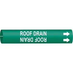 Green pipe marker with white legend reading 'Roof Drain' and directional arrows. Fits pipe outer diameters of 4 to 6 inches. Used to identify roof drain piping in plumbing systems, aiding maintenance personnel in tracing lines.