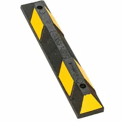This rubber parking curb measures 3 ft long, 6 in wide, and 4 in high. It is black with yellow reflective striping included for visibility. Designed for installation on gravel surfaces using spikes; no installation hardware is included. Used to define parking spaces and prevent vehicle overhang.