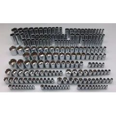This 202-piece socket set includes 1/4 in, 3/8 in, and 1/2 in drive sizes with standard sockets ranging from 5/32 in to 1-1/4 in. Sockets are available in both 6-point and 12-point configurations for SAE and metric fasteners. Suitable for general mechanical fastening tasks in automotive repair, equipment maintenance, and industrial assembly.