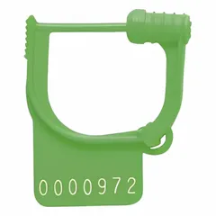 Green polypropylene hasp padlock seal with a 6 lb breaking strength and 29/50 in lock length. Features sequential lettering with the marking message 'Sealed'. Used for securing and indicating tampering on containers, meters, and valves in industrial and utility applications.