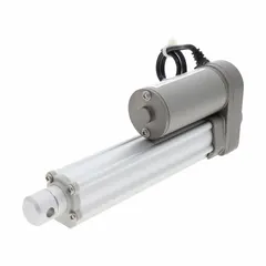 This linear actuator from DUFF-NORTON is rated for 27 lbf with a 4-inch stroke, operating on 12V DC. It features a plastic nut and an IP66 enclosure for dust and water resistance. Typical applications include industrial automation, material handling, and solar tracking systems where precise linear motion is required.