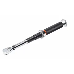 This ratcheting micrometer torque wrench has a 1/4-inch drive and 11-inch overall length. It provides torque measurement in inch-pounds and newton-meters. Suitable for precision fastening applications requiring controlled torque on small fasteners.