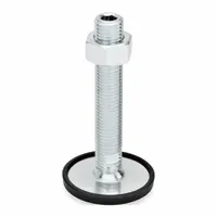 This non-skid male leveling mount features a swiveling stud with 5/8"-11 thread and a 2.36 in round base. It has a load capacity of 2,248 lbf and includes a rubber cap. The thrust pad is made of TPE material. Typical applications include leveling and stabilizing industrial machinery, conveyors, and workstations