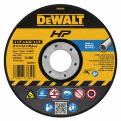 This contaminant-free cut-off wheel is designed for cutting stainless steel, preventing corrosion from embedded particles. It features a 4-1/2" diameter, 3/32" thickness, and 7/8" arbor, constructed from aluminum oxide with 30 grit in the A30S series. Suitable for use with angle grinders in metal fabrication and maintenance tasks.