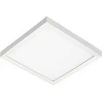 This LED downlight delivers 1000 lumens at 20 watts with selectable color temperatures from 2700K to 5000K. The square flush-mount design measures 8 inches in diameter and 3/4 inch in height, finished in white. Suitable for general ambient lighting in commercial and residential spaces with drop ceilings or drywall
