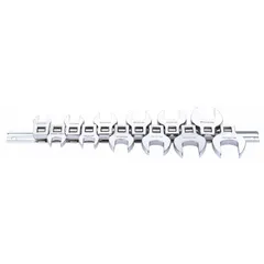 Metric open end crowfoot wrench set with 12 tools, 3/8 in drive, covering sizes 10 mm to 21 mm. Constructed from alloy steel with a chrome finish. Used for tightening or loosening fasteners in confined spaces where standard sockets or wrenches cannot fit, such as hydraulic fittings and fuel lines.
