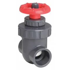 This 1-inch PVC gate valve features a non-rising stem design with socket x socket connections. The body and bonnet are PVC, while the solid wedge is polypropylene. Rated for 200 psi CWP, it is operated by a wheel handle and is suited for on/off flow control in water, chemical, and irrigation systems.