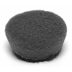 This 1-inch diameter black foam pad features a smooth texture and hook-and-loop backing for quick attachment to polishers. The beveled cut and finish allow precise polishing on fiberglass surfaces, commonly used in automotive and marine detailing for spot repairs and finishing work.
