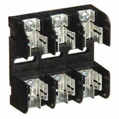 This 3-pole fuse block is designed for UL Class H and K fuses, rated at 250 V AC. It features an open block design with screw-type terminals for secure connections. Suitable for use in panel boards, motor control centers, and distribution equipment requiring overcurrent protection.