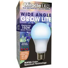 This A21-shaped LED grow bulb emits a blue spectrum light, suitable for seed starting and early plant growth stages. It operates at 120V and provides illumination equivalent to a 150W incandescent bulb. Commonly used in indoor gardening and greenhouse propagation, it fits standard A21 fixtures.