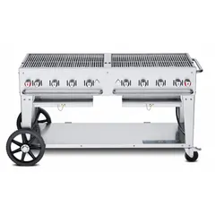 Propane gas grill on wheels with 8 burners and 129,000 BtuH heating capacity. Accommodates a 20 lb propane tank. Overall height 36 in, overall depth 28 in. Suitable for high-volume outdoor cooking applications.