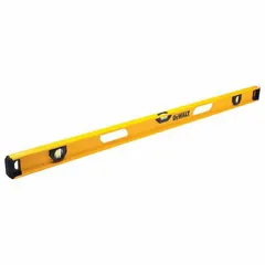 This 48-inch I-beam level features an aluminum frame with acrylic vials for top and side reading. It is used for checking level and plumb in construction, carpentry, and framing tasks such as aligning studs, joists, or cabinets.