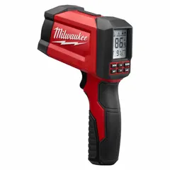 Full-size infrared thermometer for non-contact surface temperature measurement in industrial environments. Features a measurement range from -40° to over 1202°F with 0.1°F resolution, Class II laser, fully bumpered nose, and LCD display with average, low temperature, and sound alerts. Accuracy is ±2.0% of reading. Includes tripod and NIST certification.