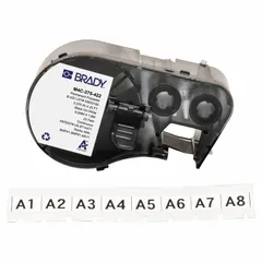 Continuous label roll cartridge for industrial labeling. Polyester material with black-on-white printing. Dimensions: 3/8 in width, 25 ft length. Compatible with M410 printer series. Suitable for asset tracking, cable marking, and component identification.