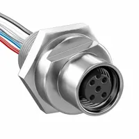 This Micro M12 mounting receptacle features 4 pins and a 1/4 in female front mount design with leads. It is rated IP67 and NEMA 6P for protection against dust and water ingress. The cable jacket is PVC, and the wire size is 22 AWG. Typical applications include signal and low-power connections in industrial automation and control systems