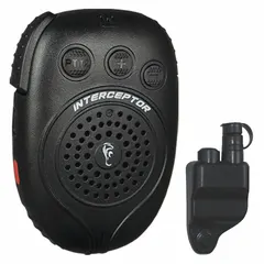 This Bluetooth-compatible speaker microphone enables wireless two-way communication with Harris P7300 series radios. It features a Push To Talk button for transmission control and a 3.5 mm jack for audio connectivity. The black unit is designed for hands-free operation in mobile or field environments.