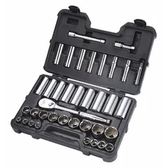 This 37-piece SAE socket set includes 1/2 in drive tools and deep sockets. Sockets feature a 12-point design and cover sizes from 3/8 in to 1-3/8 in. Suitable for fastening and loosening nuts and bolts in automotive repair, machinery maintenance, and industrial assembly.