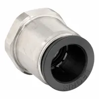 This LEGRIS fitting connects 14 mm OD nylon tubing to a 3/8" MBSPP threaded port. It features a push-to-connect design for quick installation and a nickel-plated brass body with silver finish. Suitable for pneumatic and fluid systems requiring secure, leak-free connections