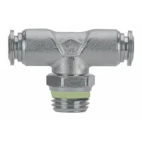This stainless steel push-fit tee fitting connects two 6 mm OD tubes and one 1/4 in pipe. It is used in pneumatic and low-pressure fluid systems for branching or combining lines in industrial automation, packaging, and material handling equipment. The silver finish resists corrosion
