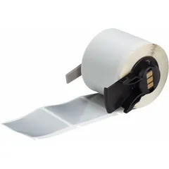Precut label roll measuring 1 1/2 in x 1 1/2 in, made of silver polyester with halogen-free material properties. Designed for use with the M610 printer series. Suitable for industrial labeling applications such as identifying electrical panels, instrumentation, and control equipment.