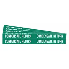 Green adhesive pipe markers with white legend reading 'Condensate Return', designed for pipe outer diameters from 3/4 to 2-3/8 inches. Each pack contains 4 markers without arrows, sold in a 5-pack. Used to identify condensate return lines in steam or HVAC systems for clear pipe identification.